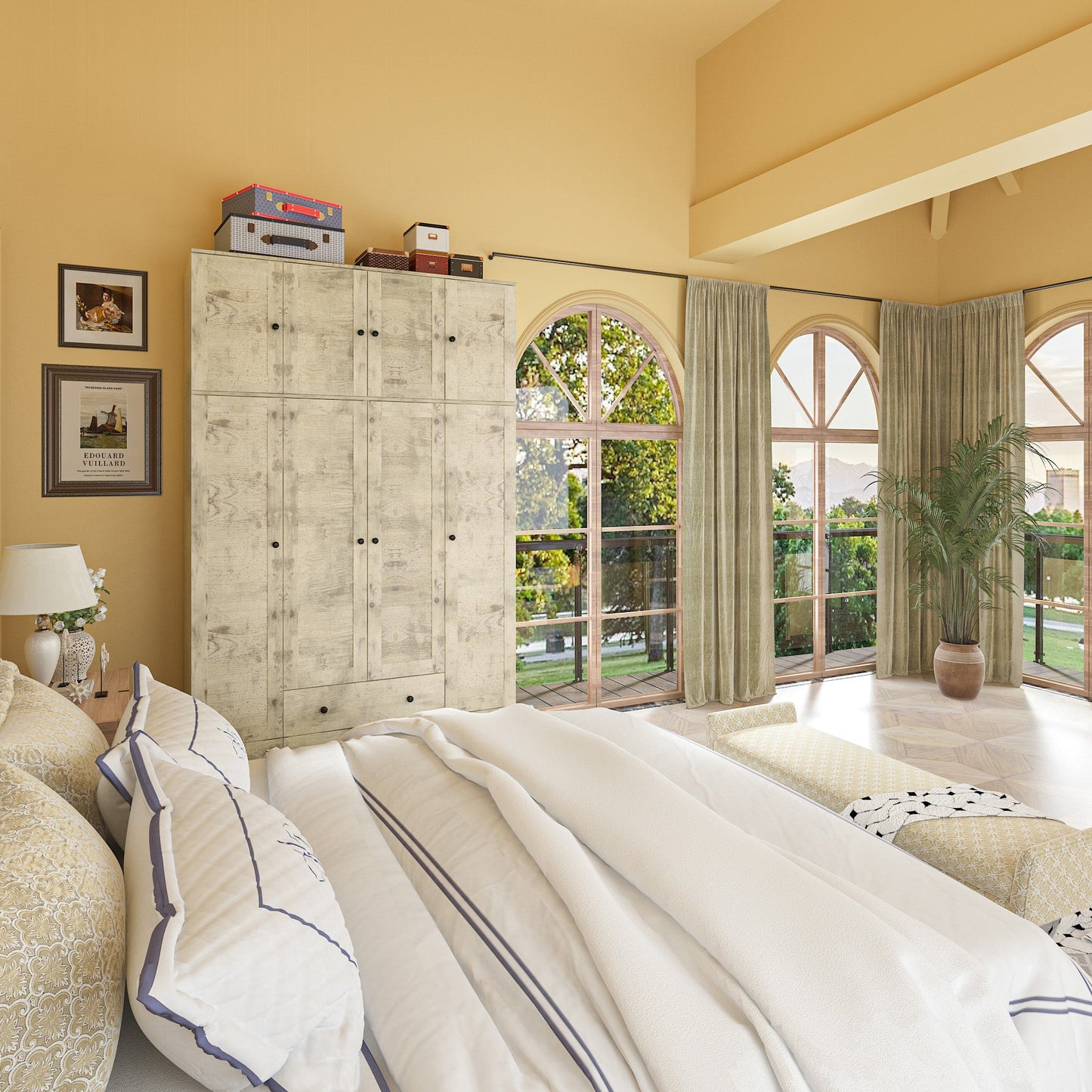 Grande armoire-penderie pour chambre à coucher, meuble de rangement à 4 portes et 5 tiroirs