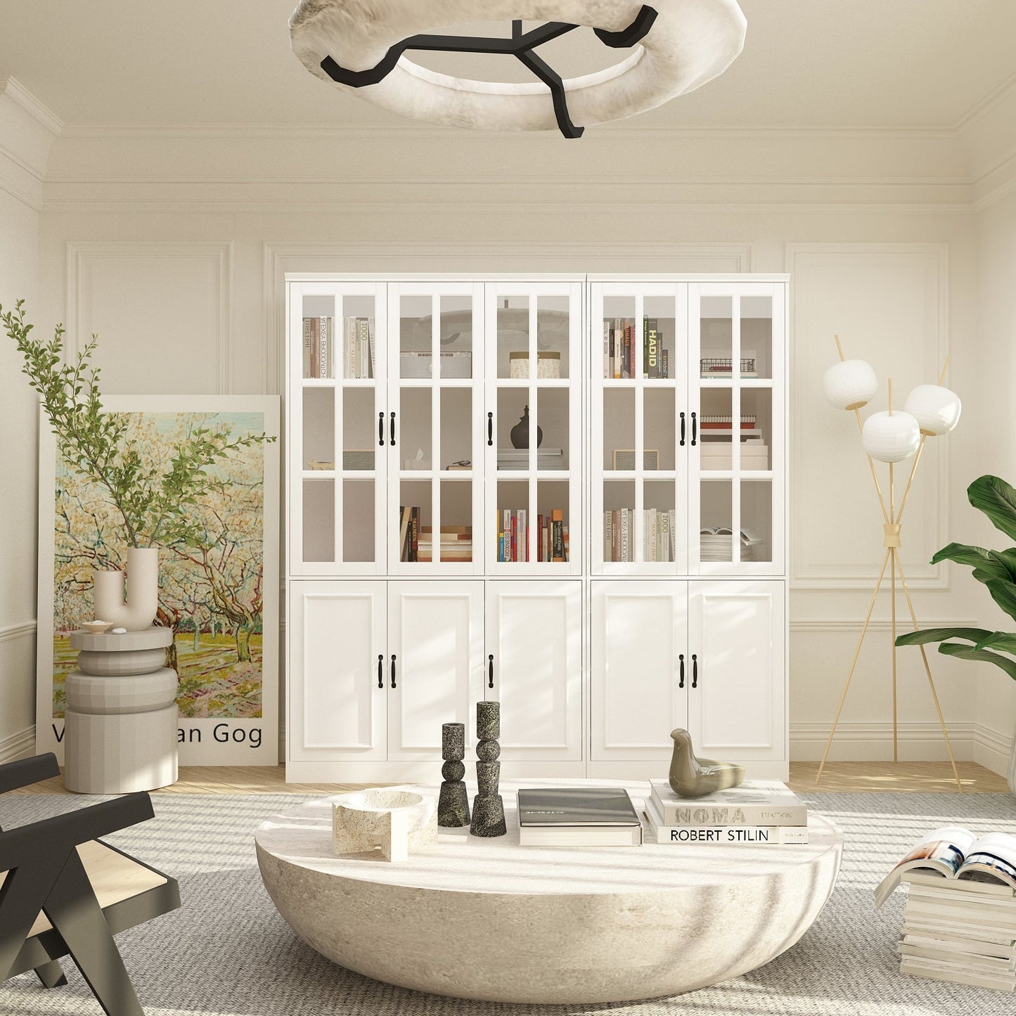 Vitrine d'angle avec étagère de rangement et bibliothèque, combinant 4 portes vitrées et 2 tiroirs