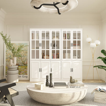 Vitrine d'angle avec étagère de rangement et bibliothèque, combinant 4 portes vitrées et 2 tiroirs