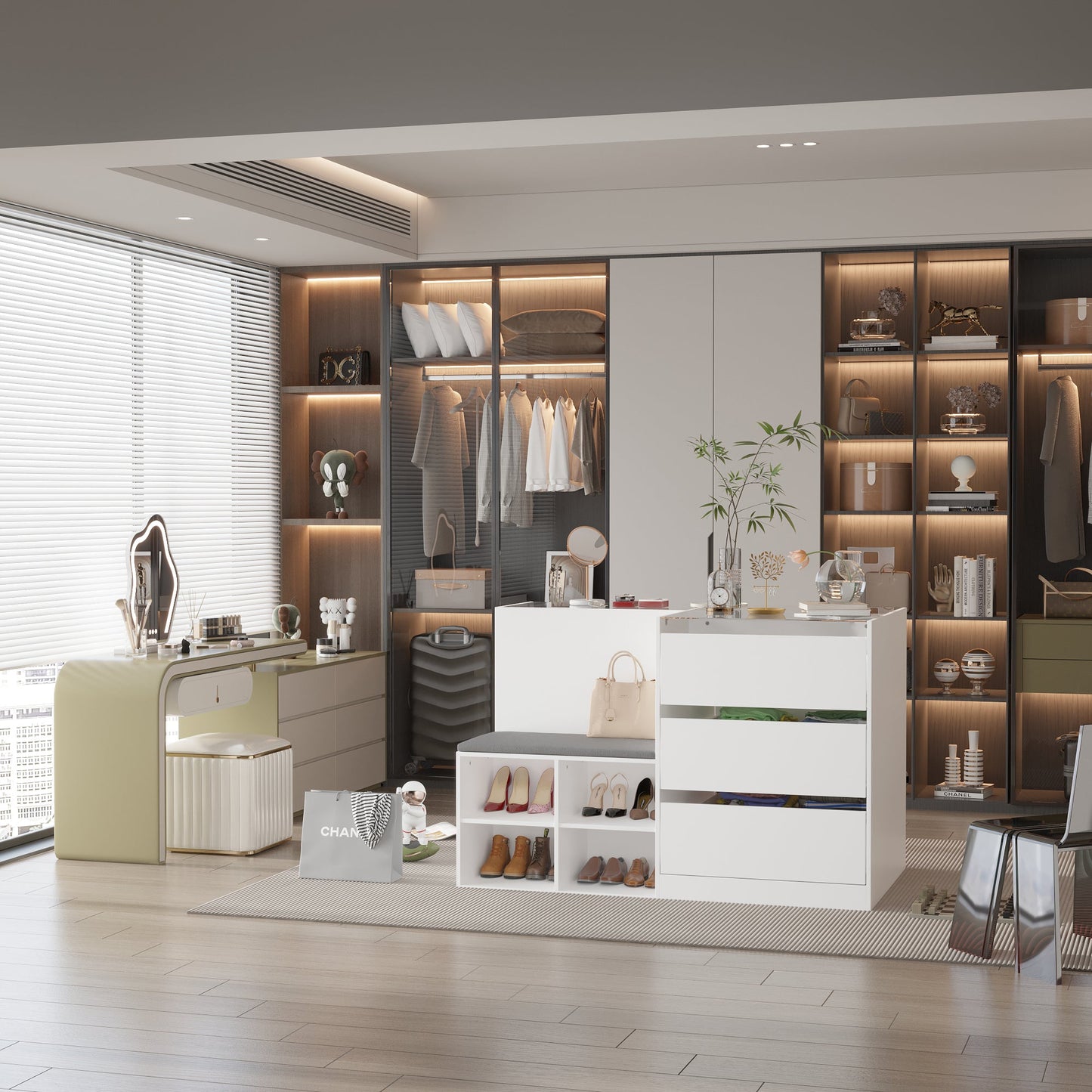 Commode à 9 tiroirs et 4 étagères avec plateau et banquette confortable