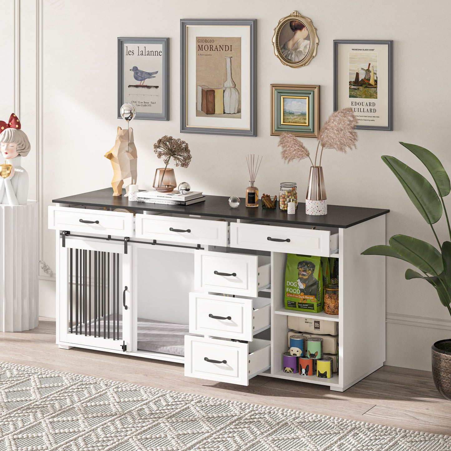 Cage pour chien à 6 tiroirs et 2 compartiments avec porte de style grange