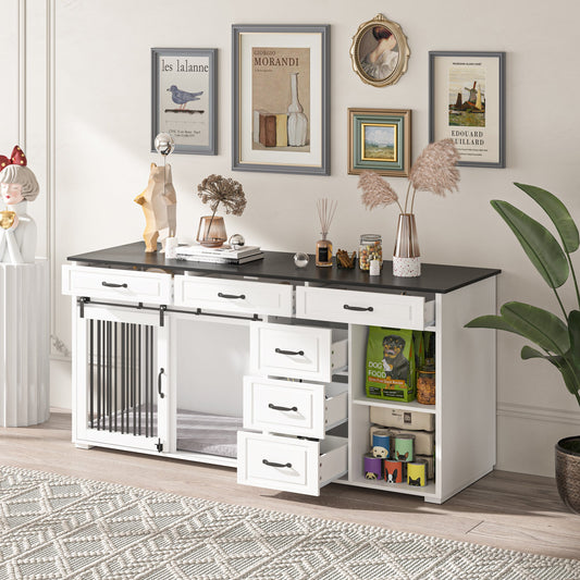 Cage pour chien à 6 tiroirs et 2 compartiments avec porte de style grange