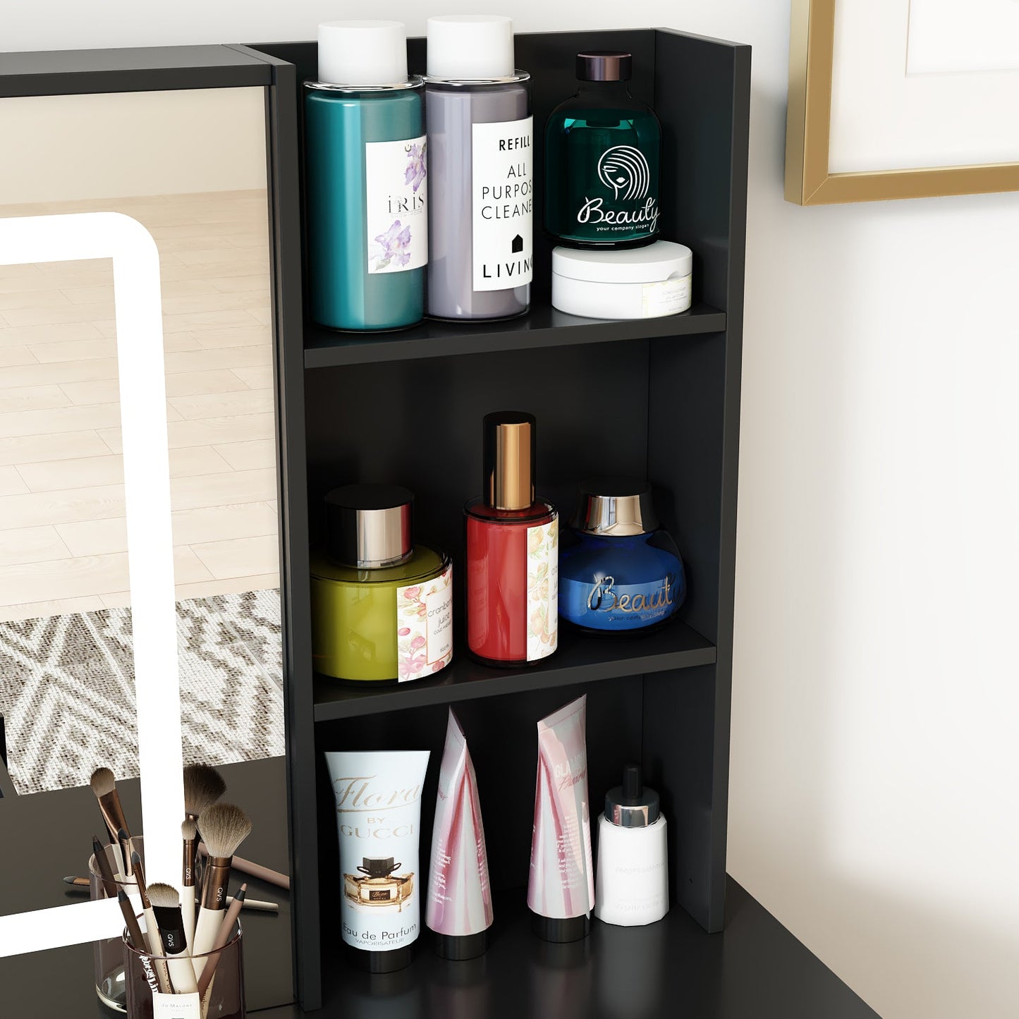 Ensemble coiffeuse avec miroir coulissant éclairé, tabouret rembourré, 5 tiroirs et étagères