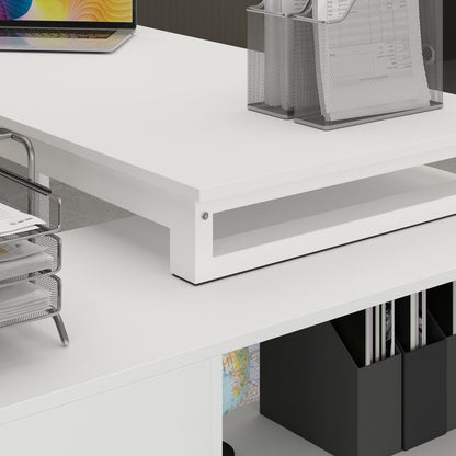 Bureau d'angle pour ordinateur avec grand espace de rangement, idéal pour un bureau à domicile.