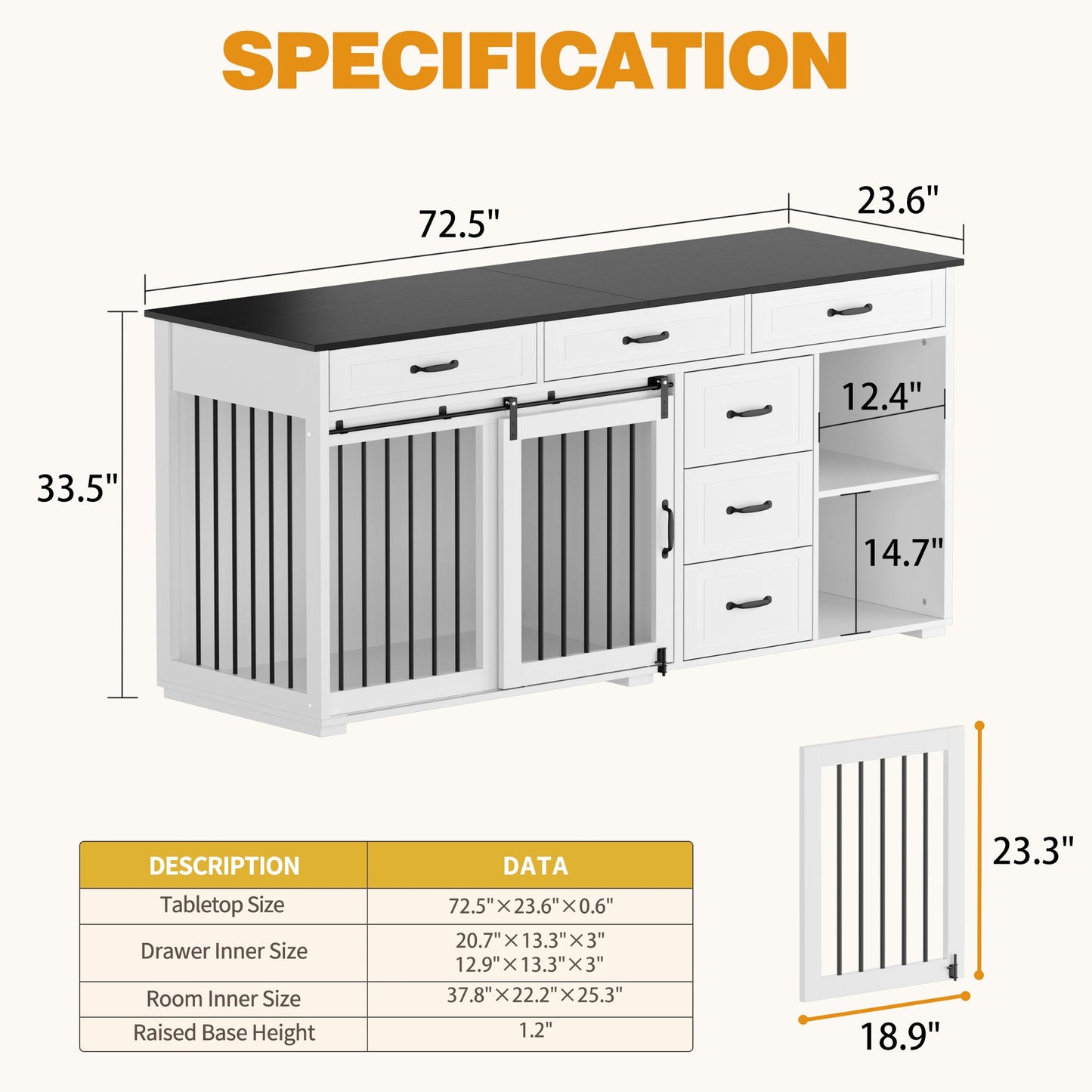 Cage pour chien à 6 tiroirs et 2 compartiments avec porte de style grange