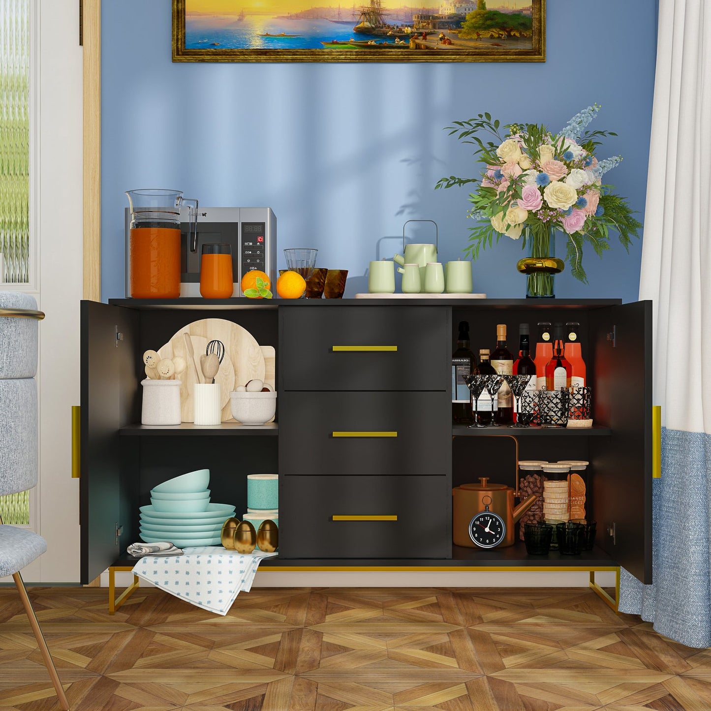 Meuble de rangement à 3 tiroirs et 2 portes, pieds en métal, pour salle à manger et salon