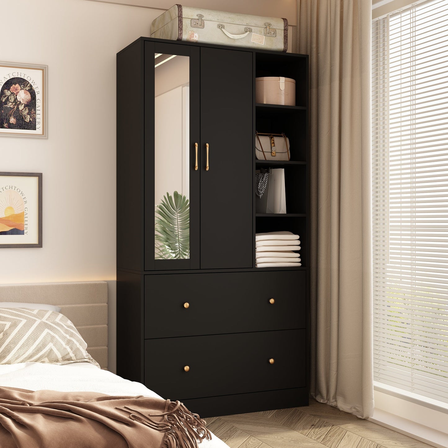 Armoire de rangement à 2 portes, 2 tiroirs et 1 miroir pour chambre à coucher