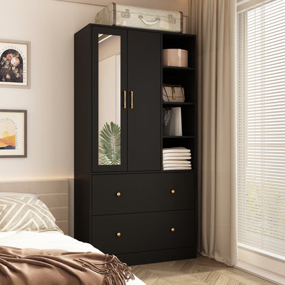 Armoire de rangement à 2 portes, 2 tiroirs et 1 miroir pour chambre à coucher