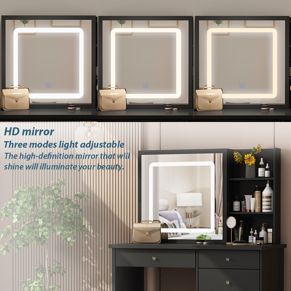 Ensemble coiffeuse avec miroir coulissant éclairé, tabouret rembourré, 5 tiroirs et étagères