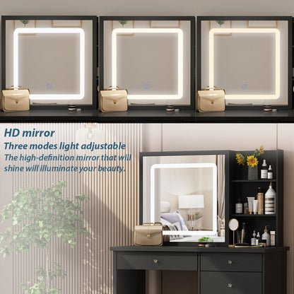 Ensemble coiffeuse avec miroir coulissant éclairé, tabouret rembourré, 5 tiroirs et étagères