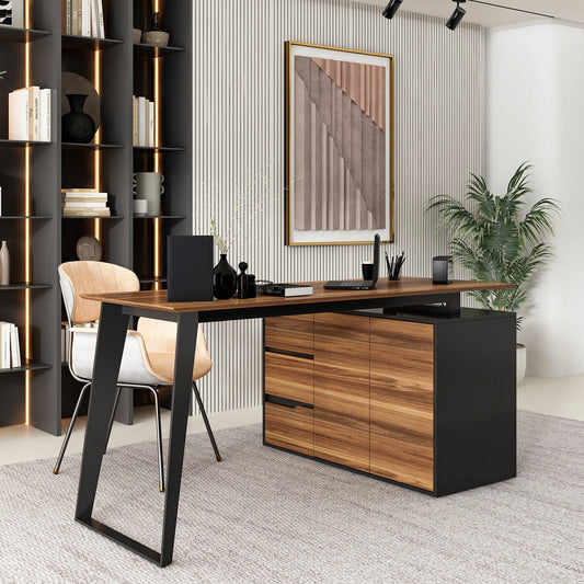 Bureau d'angle en forme de L avec tiroirs, finition bois brun.