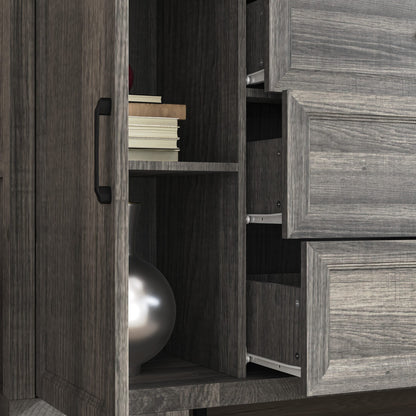 Meuble de rangement modulaire élégant : design épuré et combinaison de compartiments ouverts et fermés.