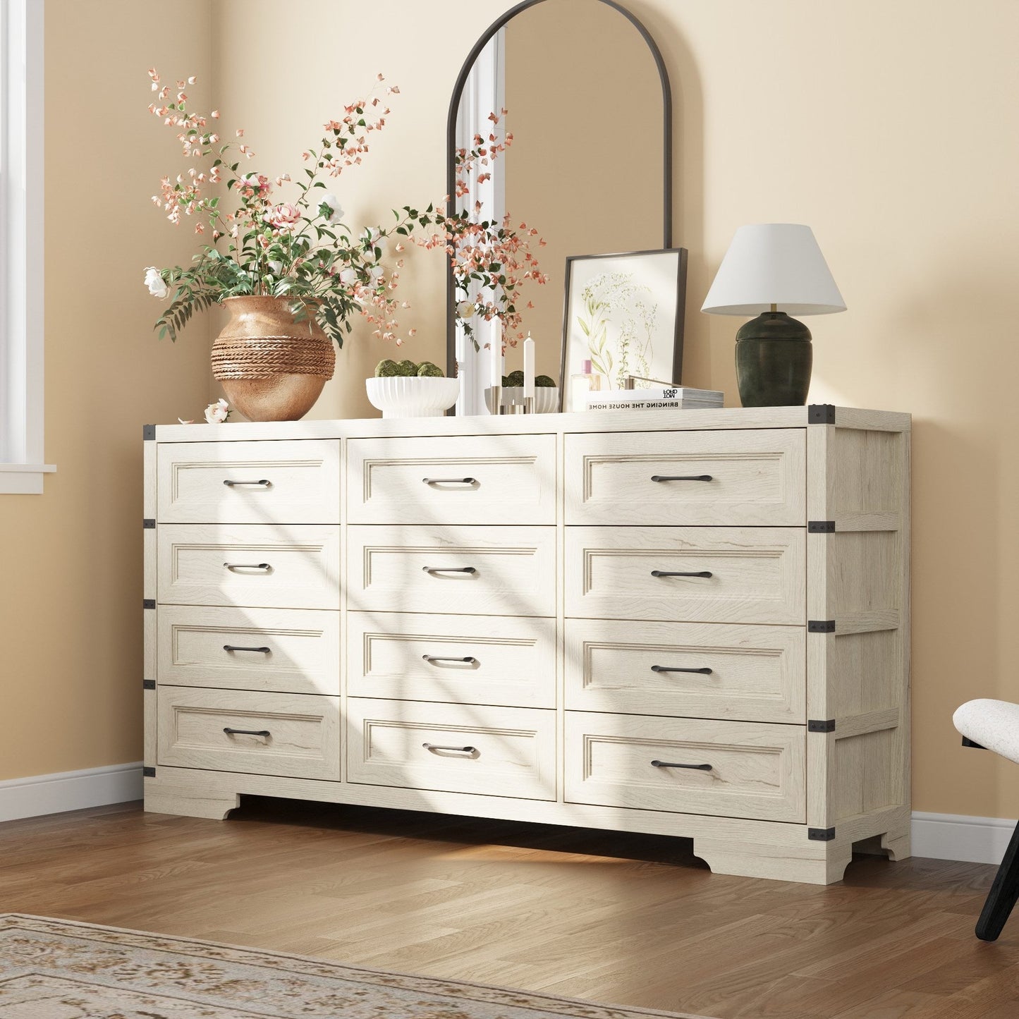 Commode rustique en bois de style campagnard, 12 tiroirs, 175,5 cm de large