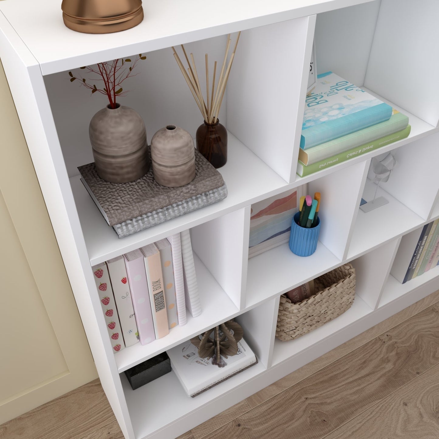 Meuble d'entrée, bibliothèque large pour enfants avec plusieurs compartiments et étagère à 3 niveaux 