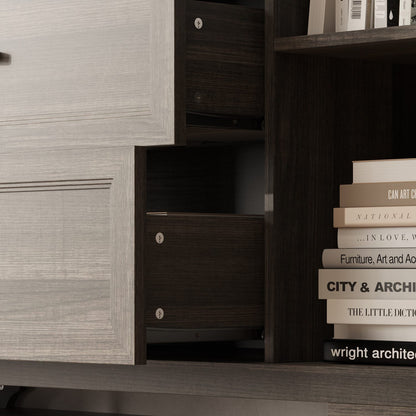 Meuble de rangement modulaire élégant : design épuré et combinaison de compartiments ouverts et fermés.