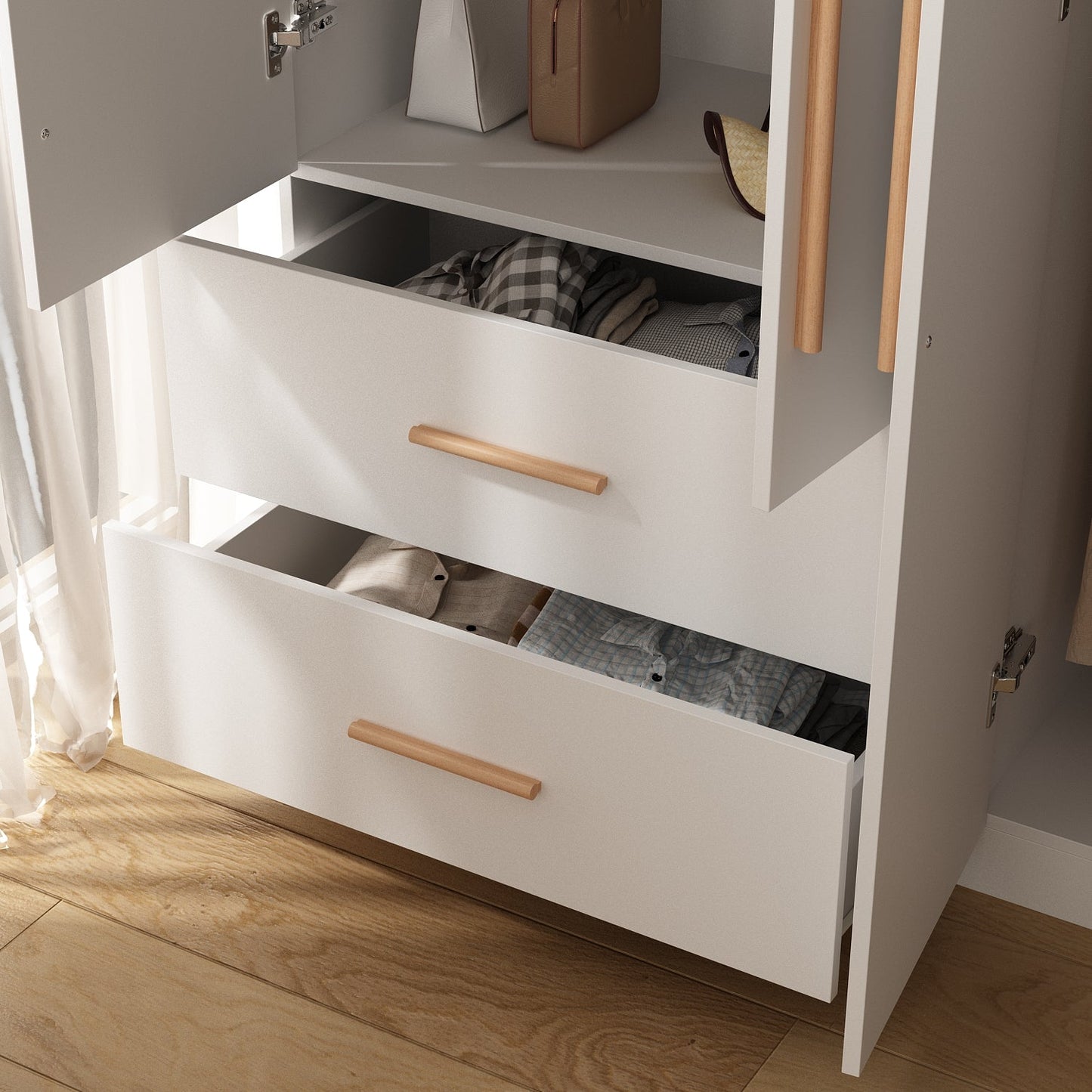 Armoire de rangement en bois manufacturé, grande penderie familiale avec barres de suspension