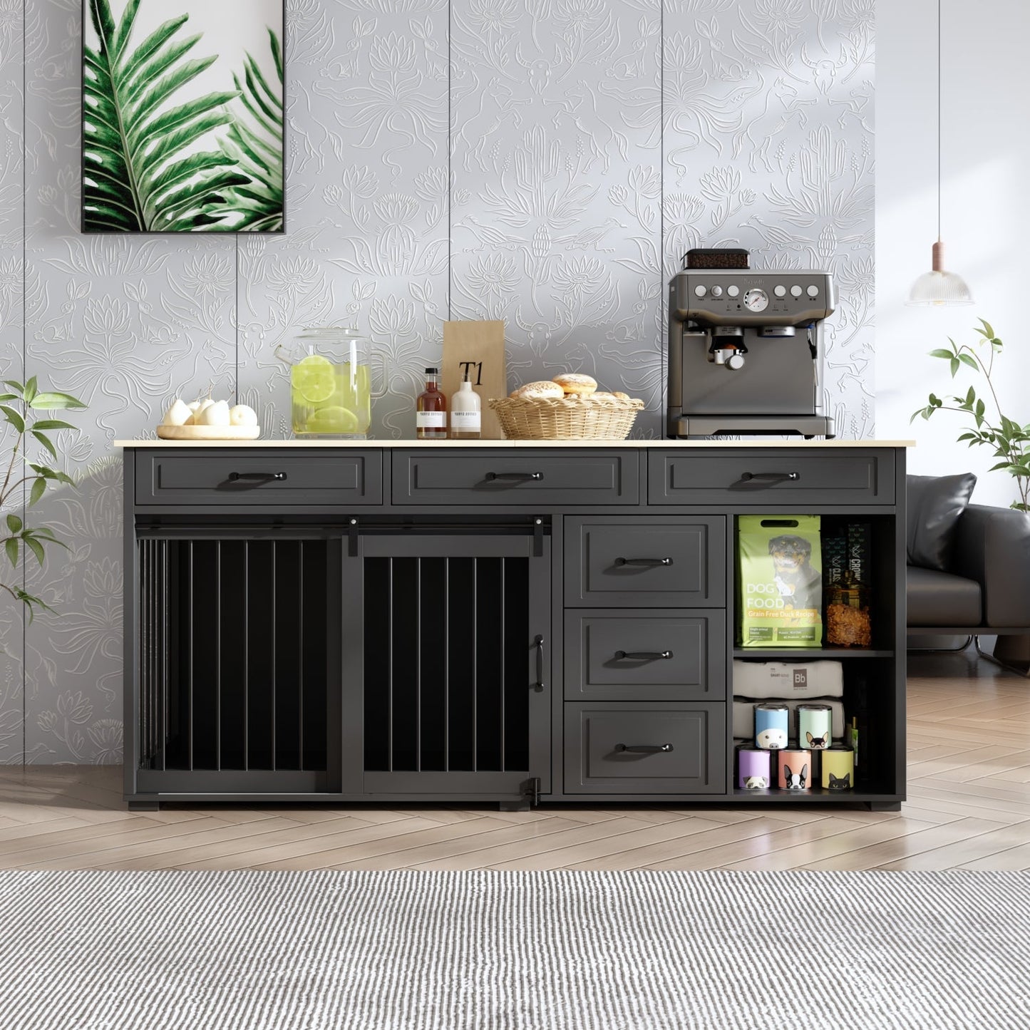 Cage pour chien à 6 tiroirs et 2 compartiments avec porte de style grange