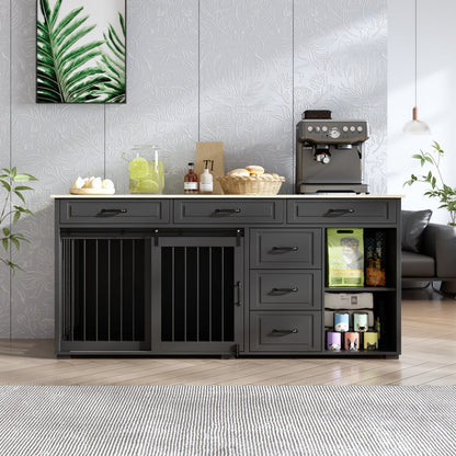 Cage pour chien à 6 tiroirs et 2 compartiments avec porte de style grange