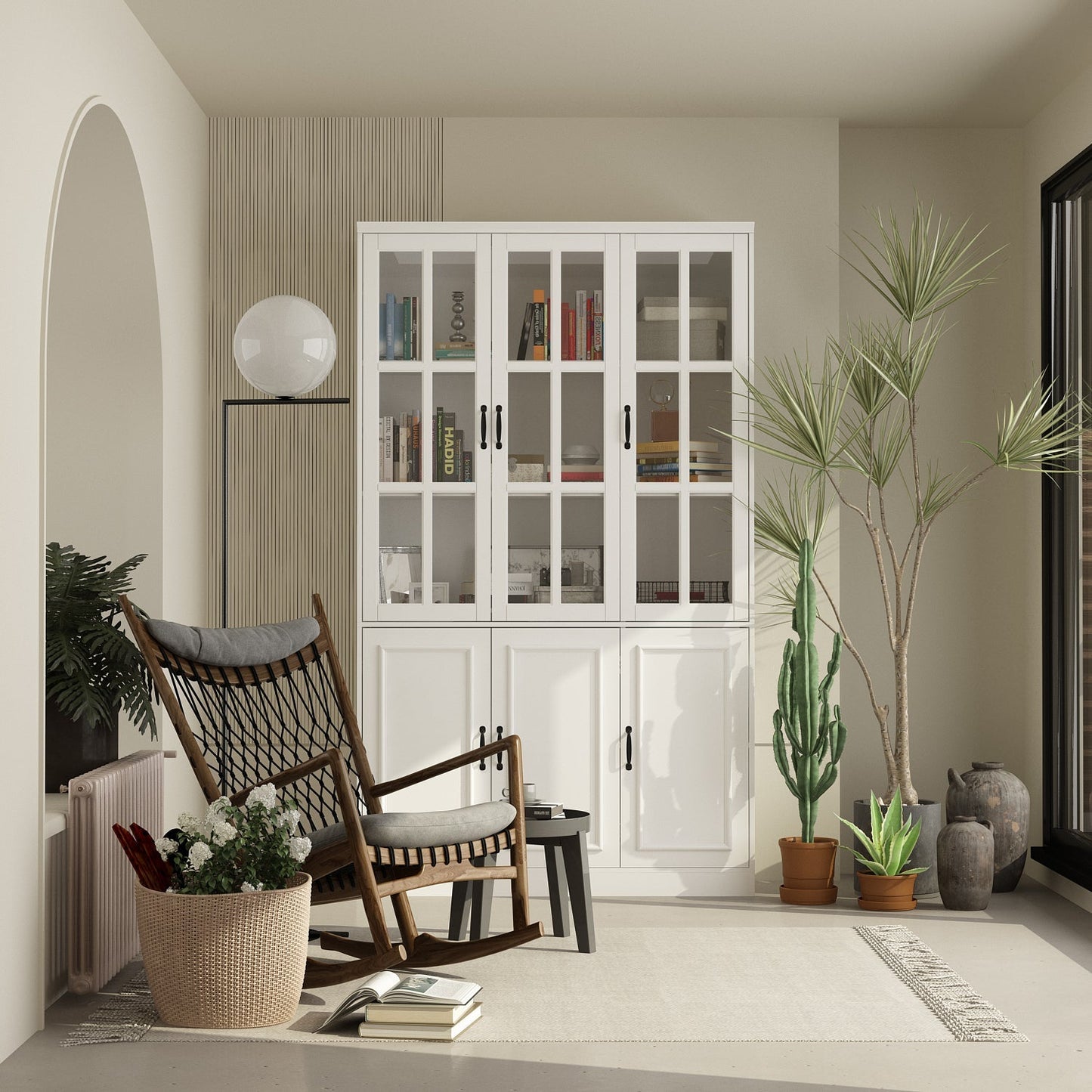 Vitrine d'angle avec étagère de rangement et bibliothèque, combinant 4 portes vitrées et 2 tiroirs