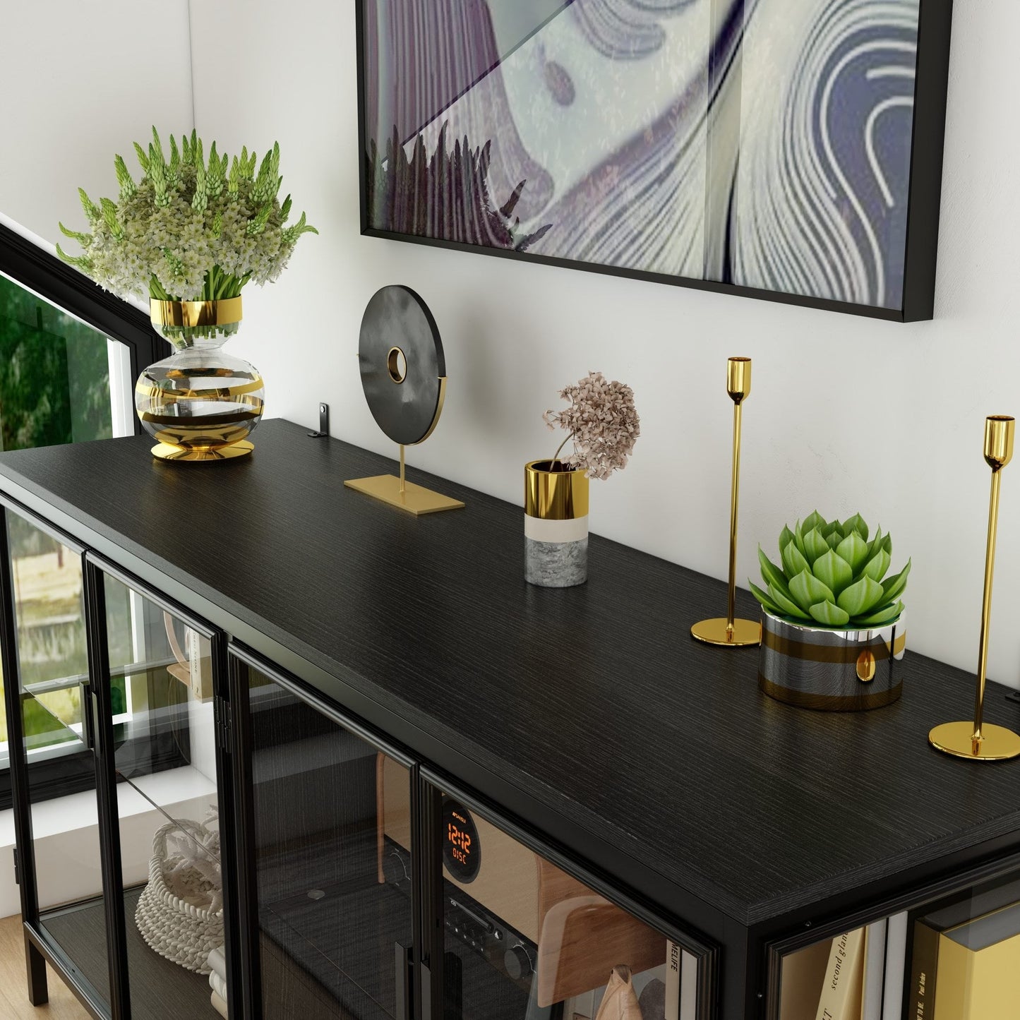 Buffet de 140 cm de large avec portes vitrées et éclairage LED