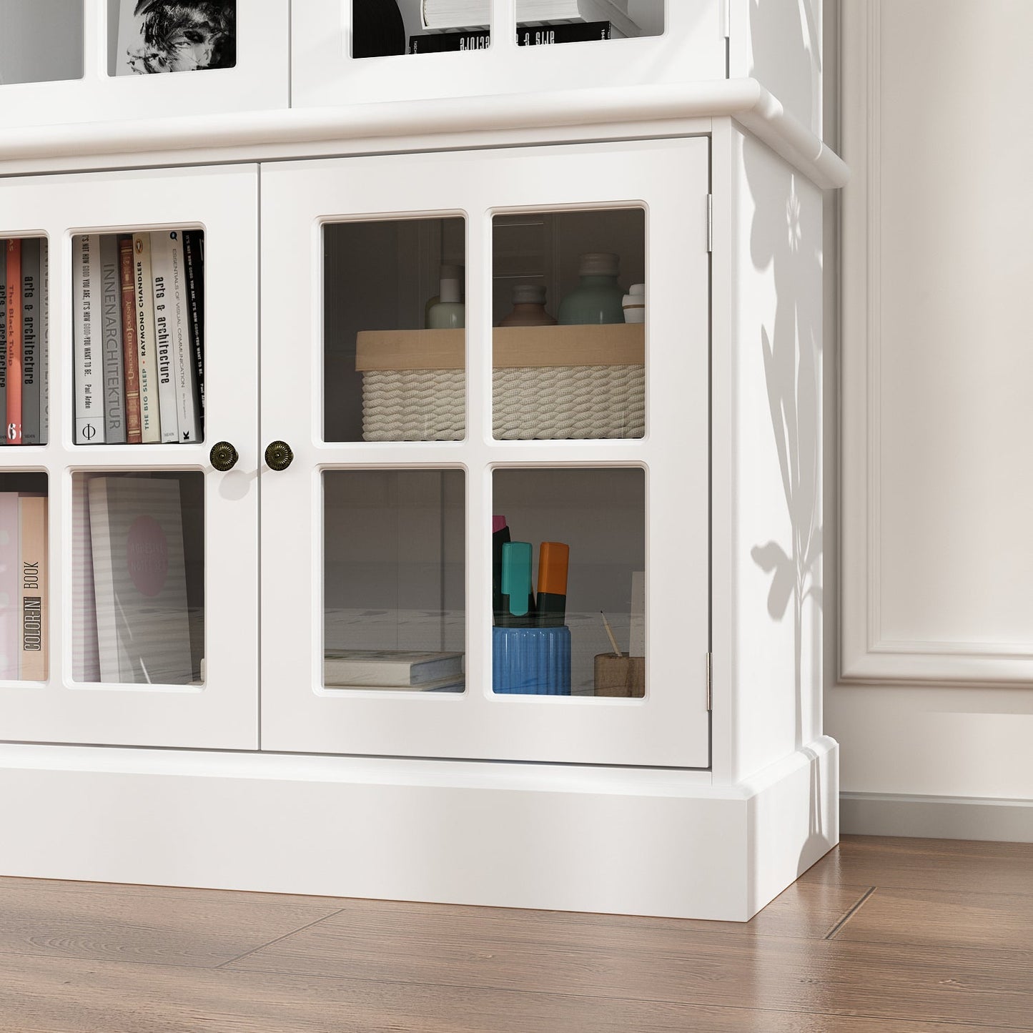 Meuble TV de 125 pouces de large avec armoires de rangement et portes vitrées