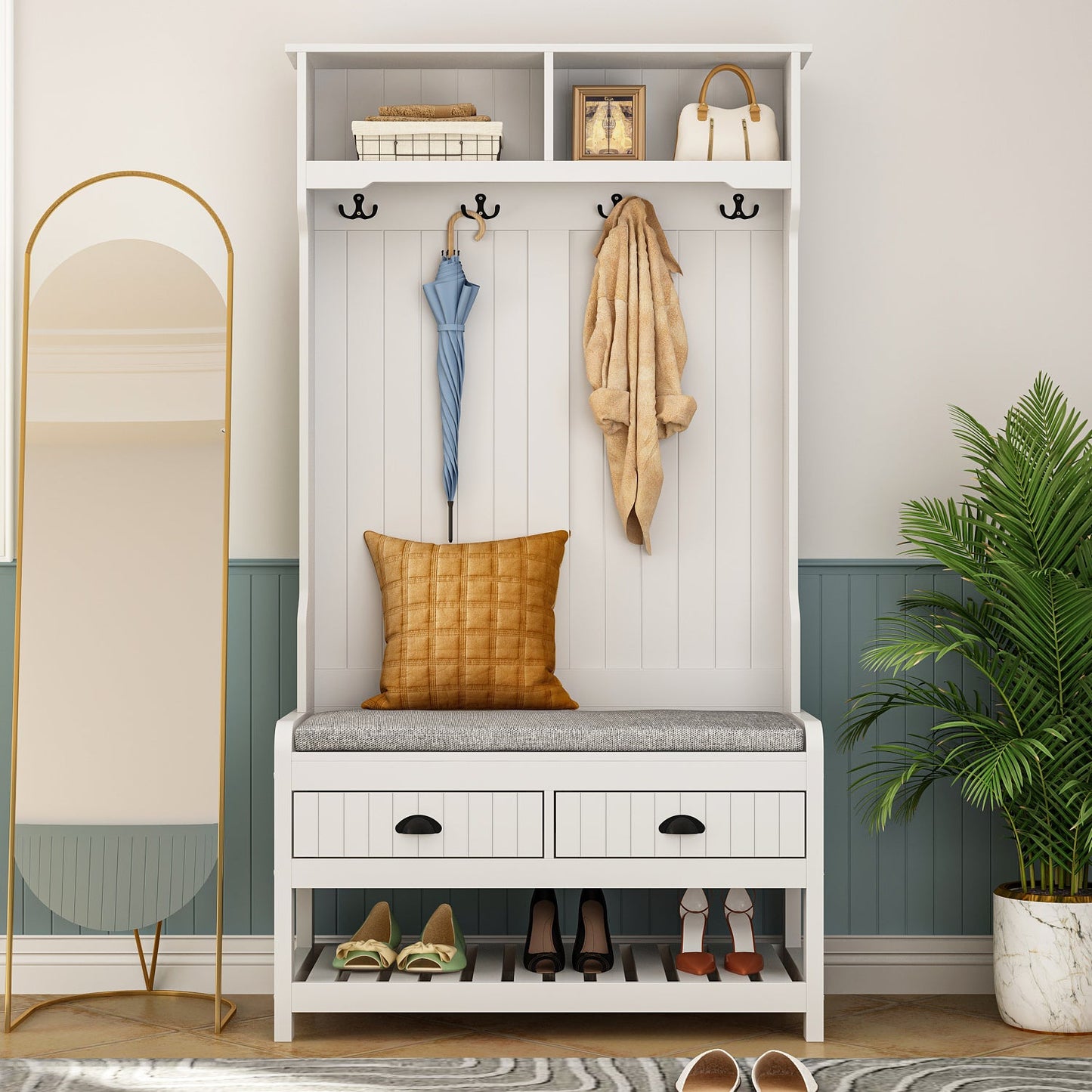 Meuble d'entrée moderne 4 en 1 avec banc de rangement, porte-manteau, étagères et tiroirs pour entrée ou salon