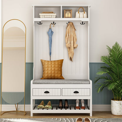Meuble d'entrée moderne 4 en 1 avec banc de rangement, porte-manteau, étagères et tiroirs pour entrée ou salon