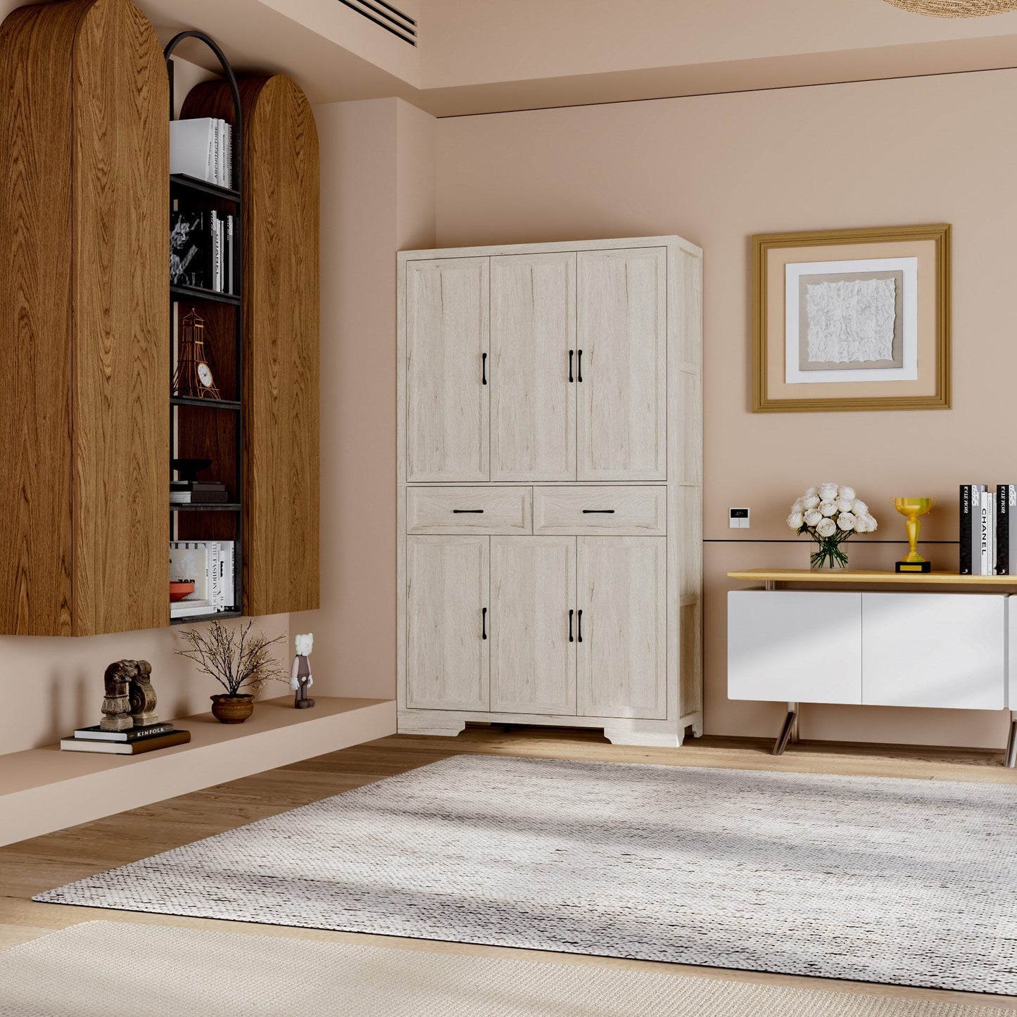 Meuble de rangement modulaire élégant : design épuré et combinaison de compartiments ouverts et fermés.