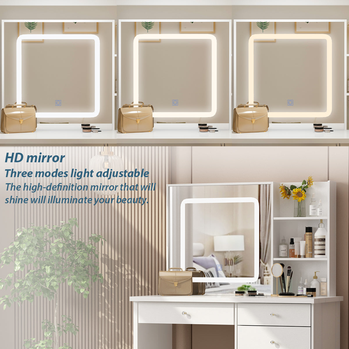 Ensemble coiffeuse avec miroir coulissant éclairé, tabouret rembourré, 5 tiroirs et étagères