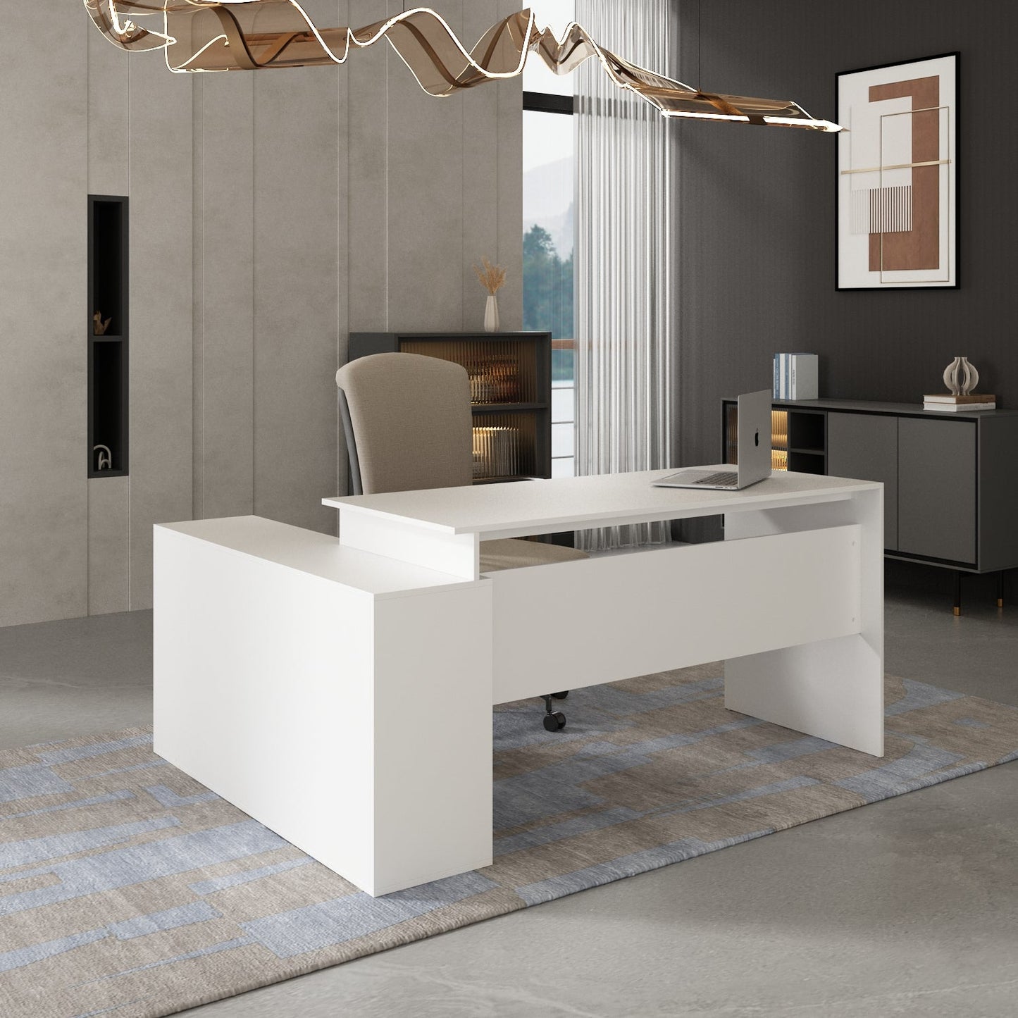 Bureau d'ordinateur en forme de L avec tiroirs et étagères, idéal pour écrire et jouer à domicile.