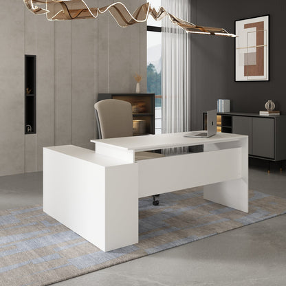 Bureau d'ordinateur en forme de L avec tiroirs et étagères, idéal pour écrire et jouer à domicile.