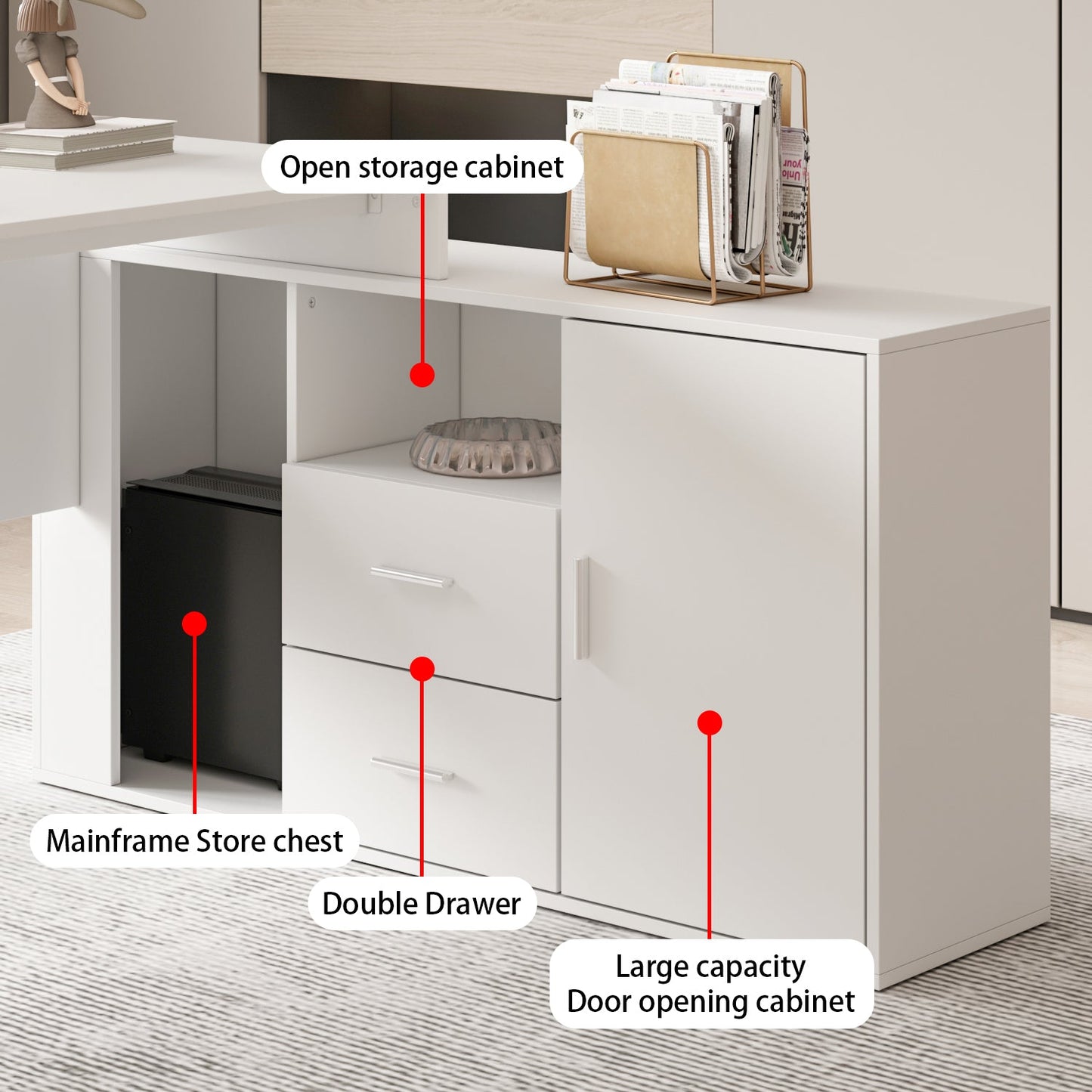 Bureau d'ordinateur en forme de L avec tiroirs et étagères, idéal pour écrire et jouer à domicile.