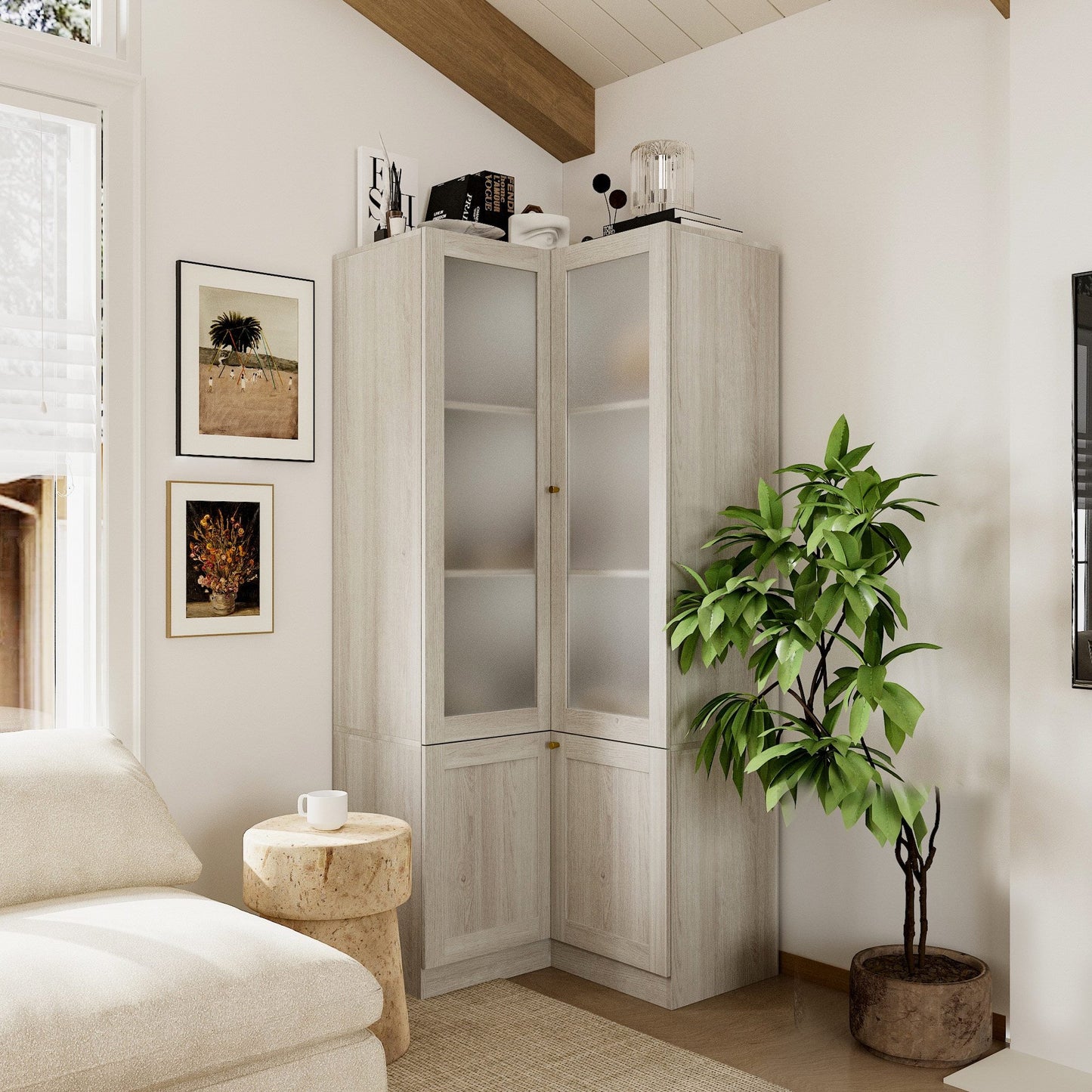 Bibliothèque modulaire à 4 tiroirs avec portes en verre dépoli, 71 po H x 126 po L