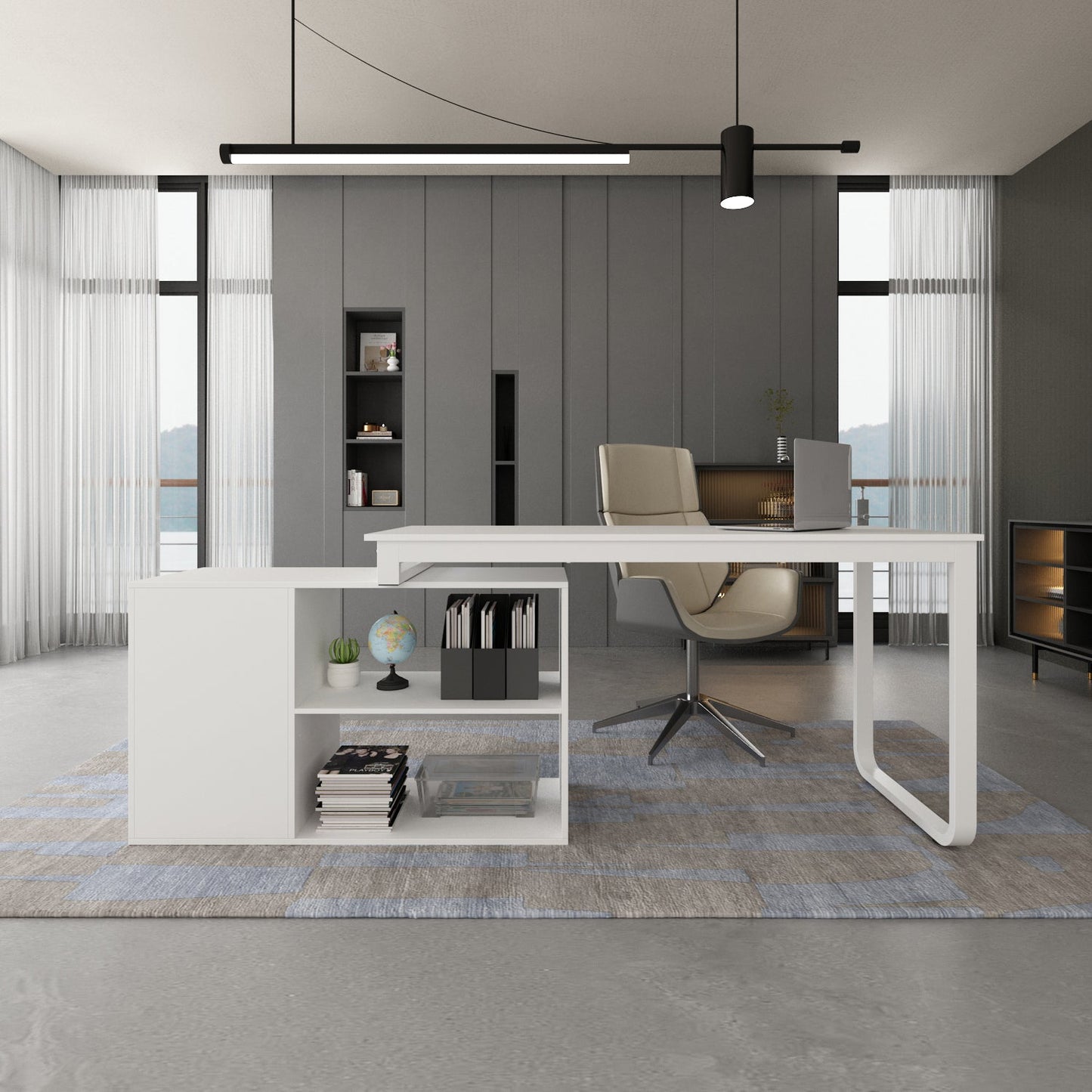 Bureau d'angle pour ordinateur avec grand espace de rangement, idéal pour un bureau à domicile.