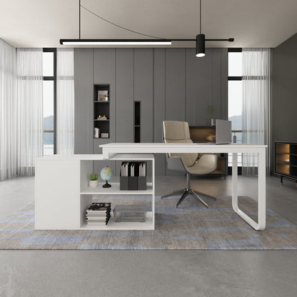 Bureau d'angle pour ordinateur avec grand espace de rangement, idéal pour un bureau à domicile.