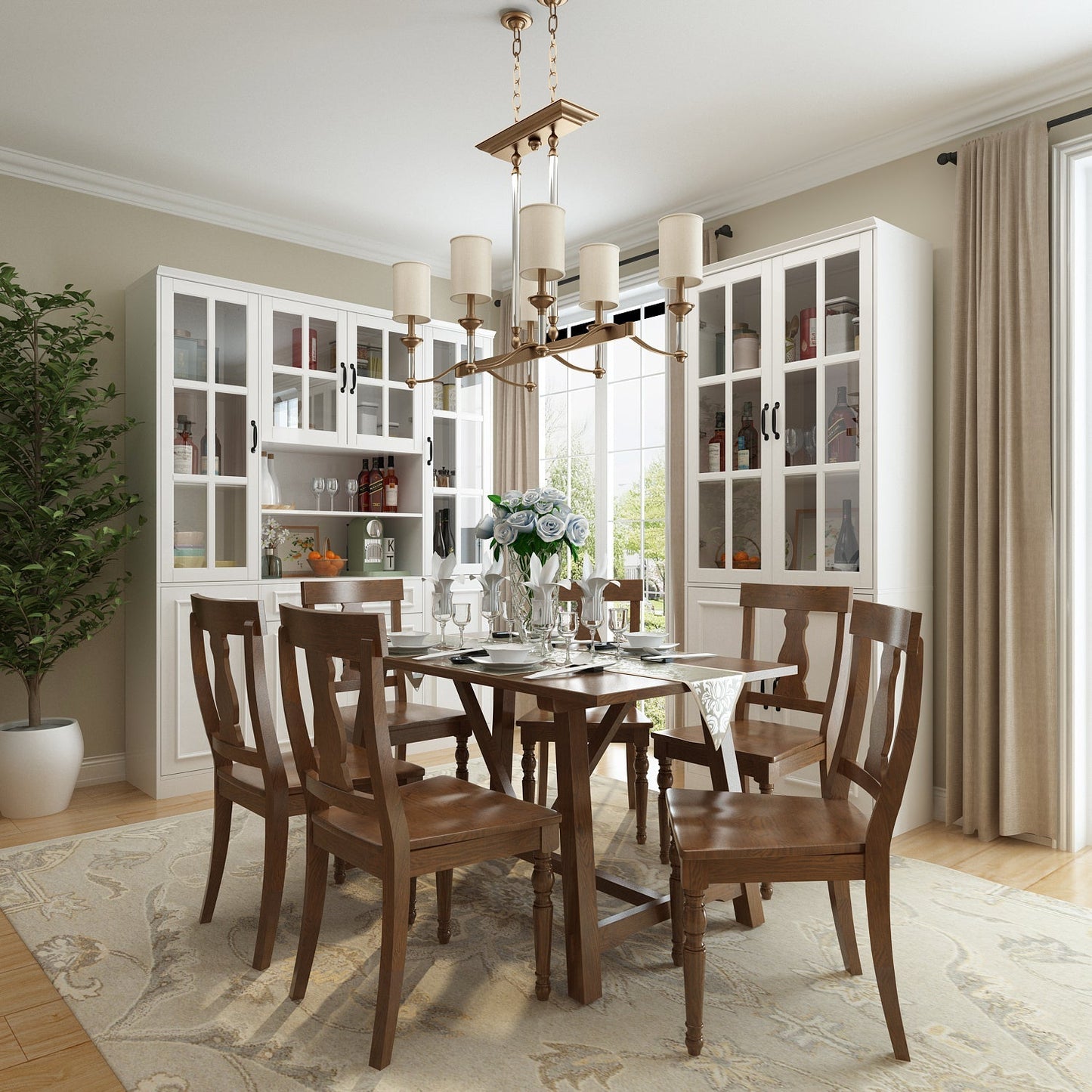 Vitrine d'angle avec étagère de rangement et bibliothèque, combinant 4 portes vitrées et 2 tiroirs