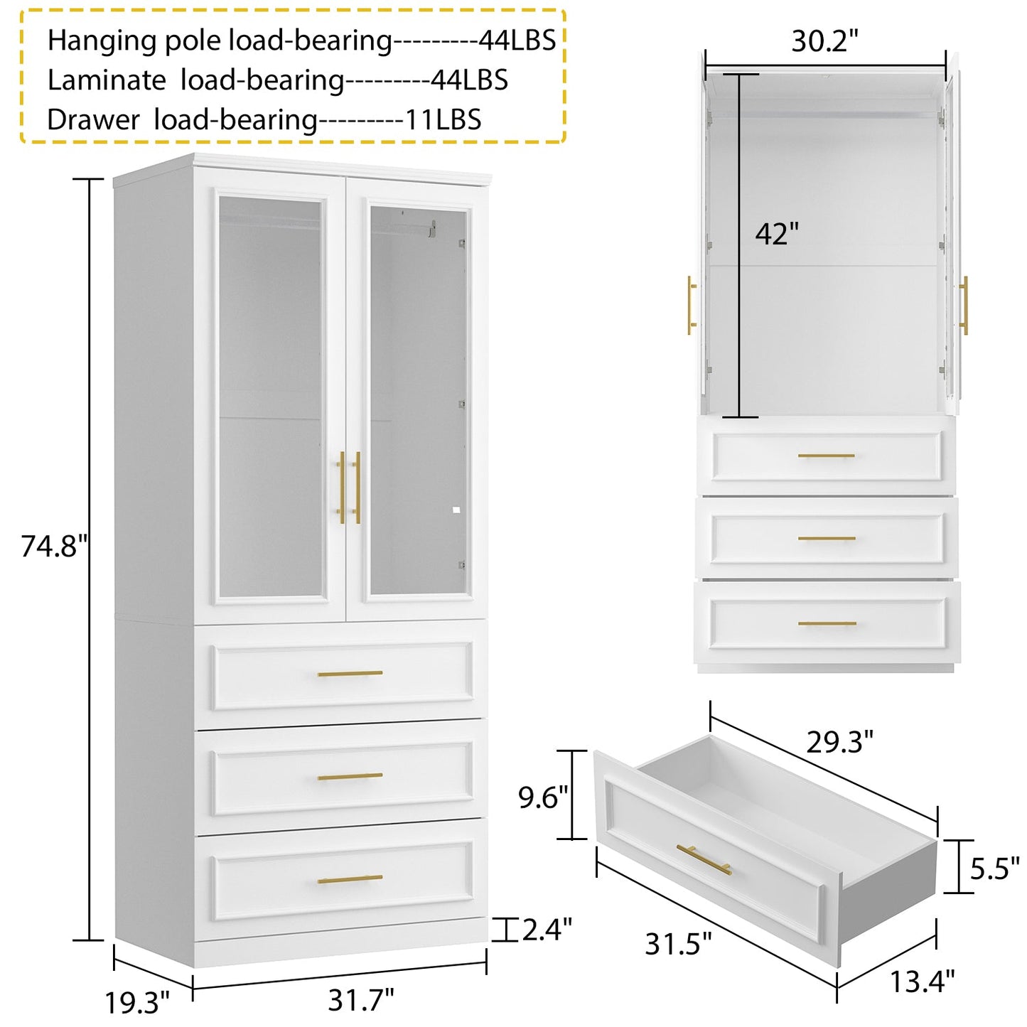 Armoire modulaire de grande taille (74,8 cm) avec portes et tiroirs en verre