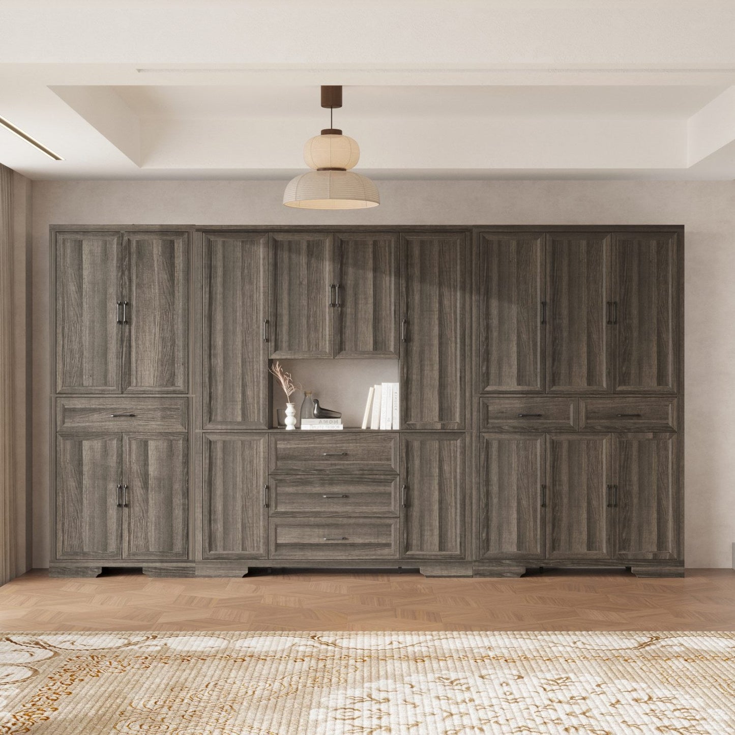 Meuble de rangement modulaire élégant : design épuré et combinaison de compartiments ouverts et fermés.