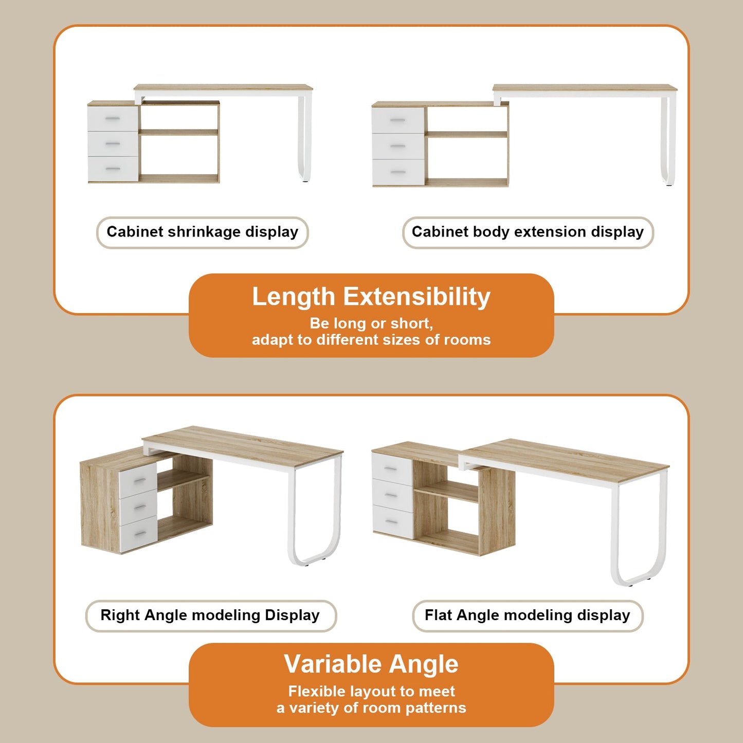 Bureau d'angle en L de 55 pouces avec étagères et tiroirs 