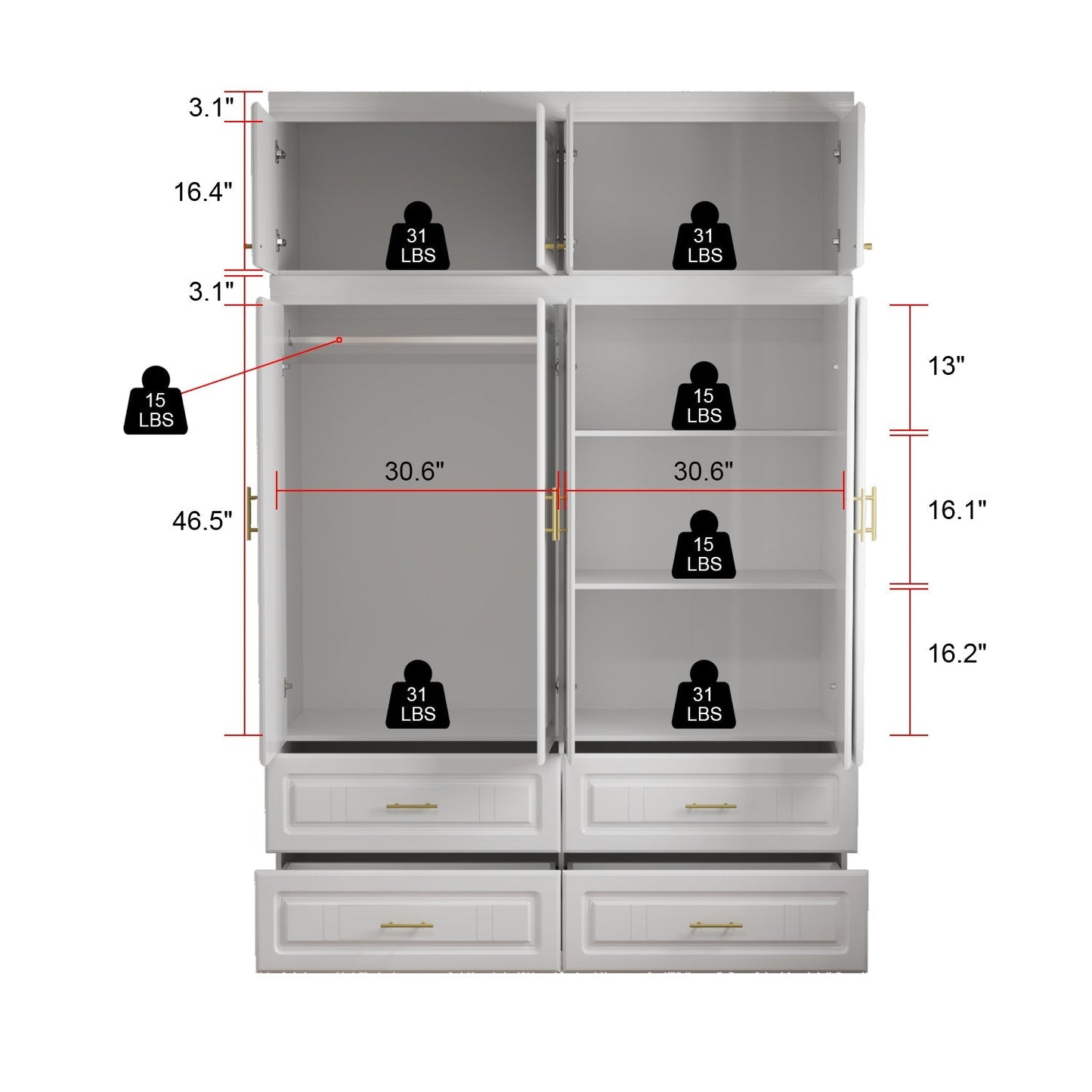 Armoire familiale, armoire de chambre, dressing à 4 portes et tiroirs