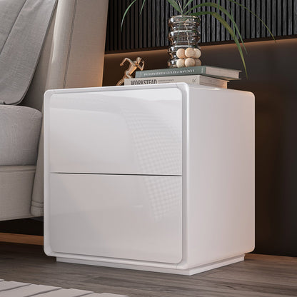 Table de chevet laquée brillante avec éclairage LED et 2 tiroirs