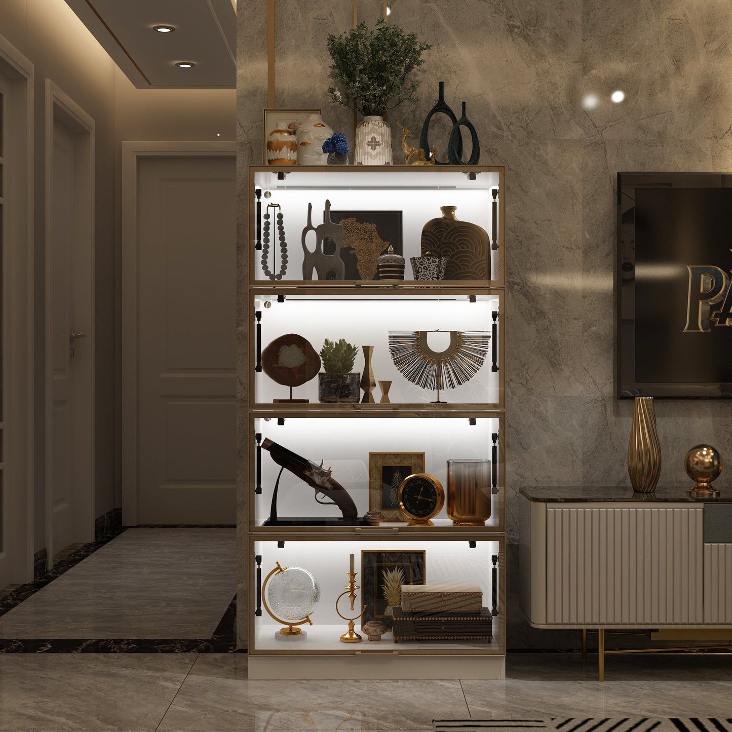 Vitrine vitrée à 4 niveaux avec éclairage LED