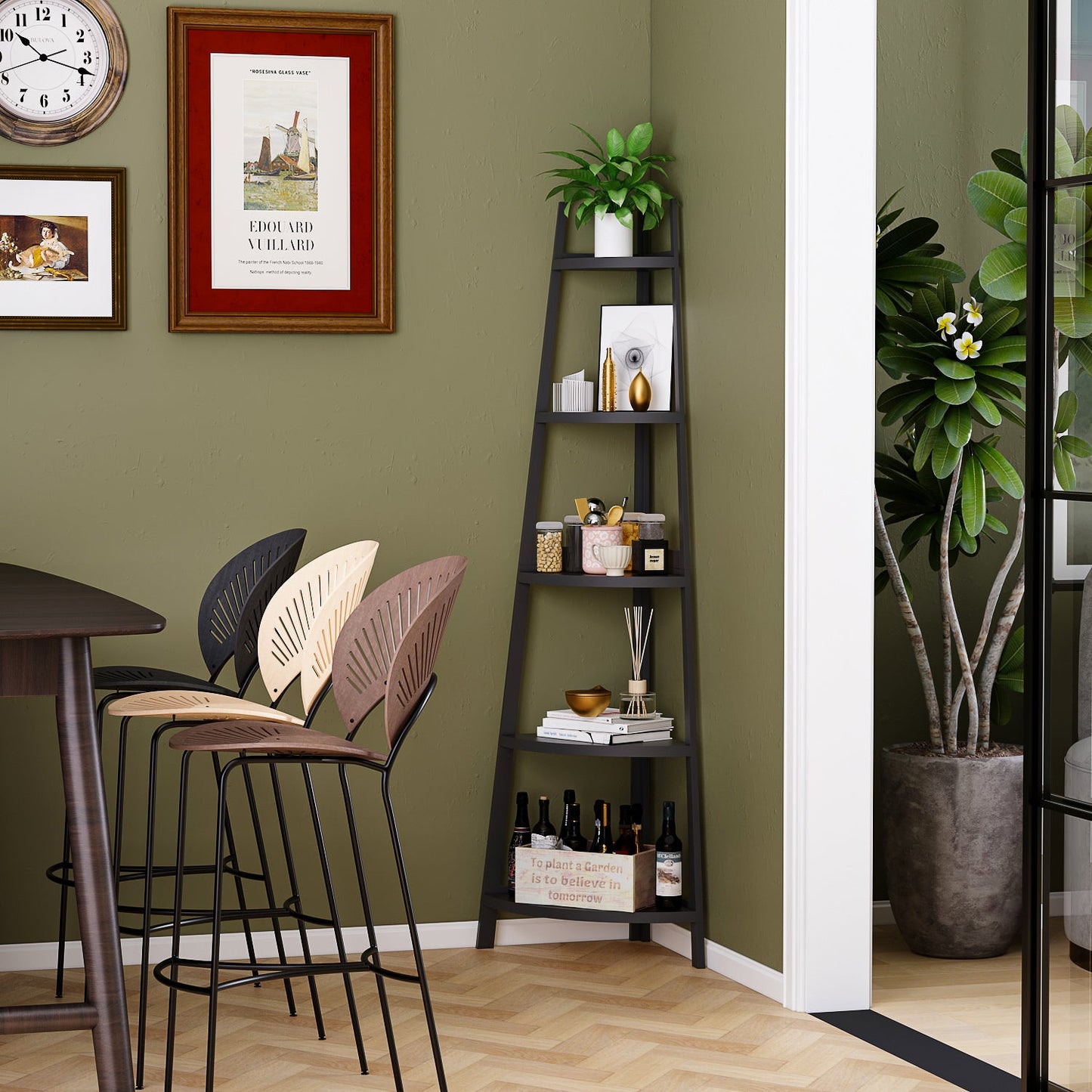 Étagère d'angle rustique à 5 niveaux, bibliothèque d'angle industrielle, étagère échelle, support pour plantes pour salon 