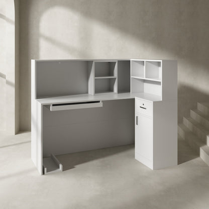 Bureau d'accueil en forme de L avec grands classeurs de rangement 