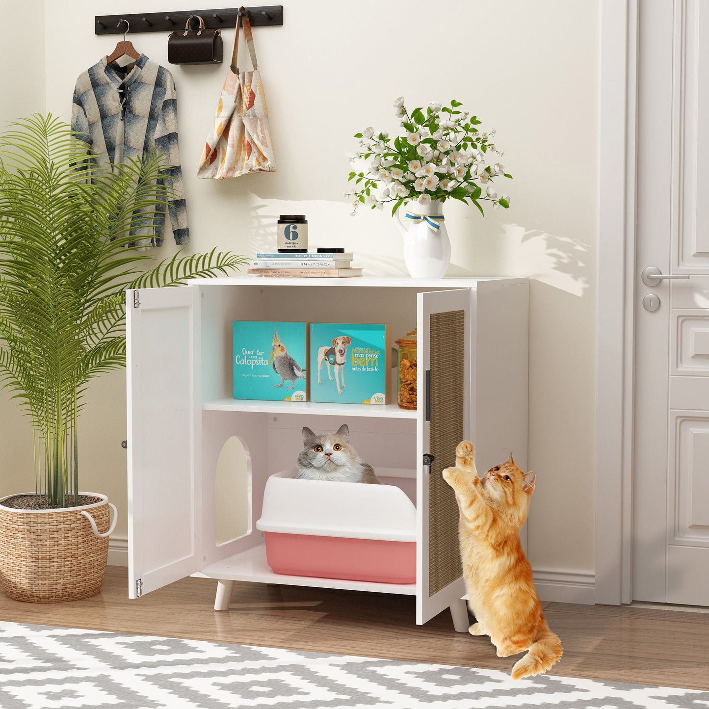 Enclos moderne pour bac à litière pour chat avec serrure et portes en sisal