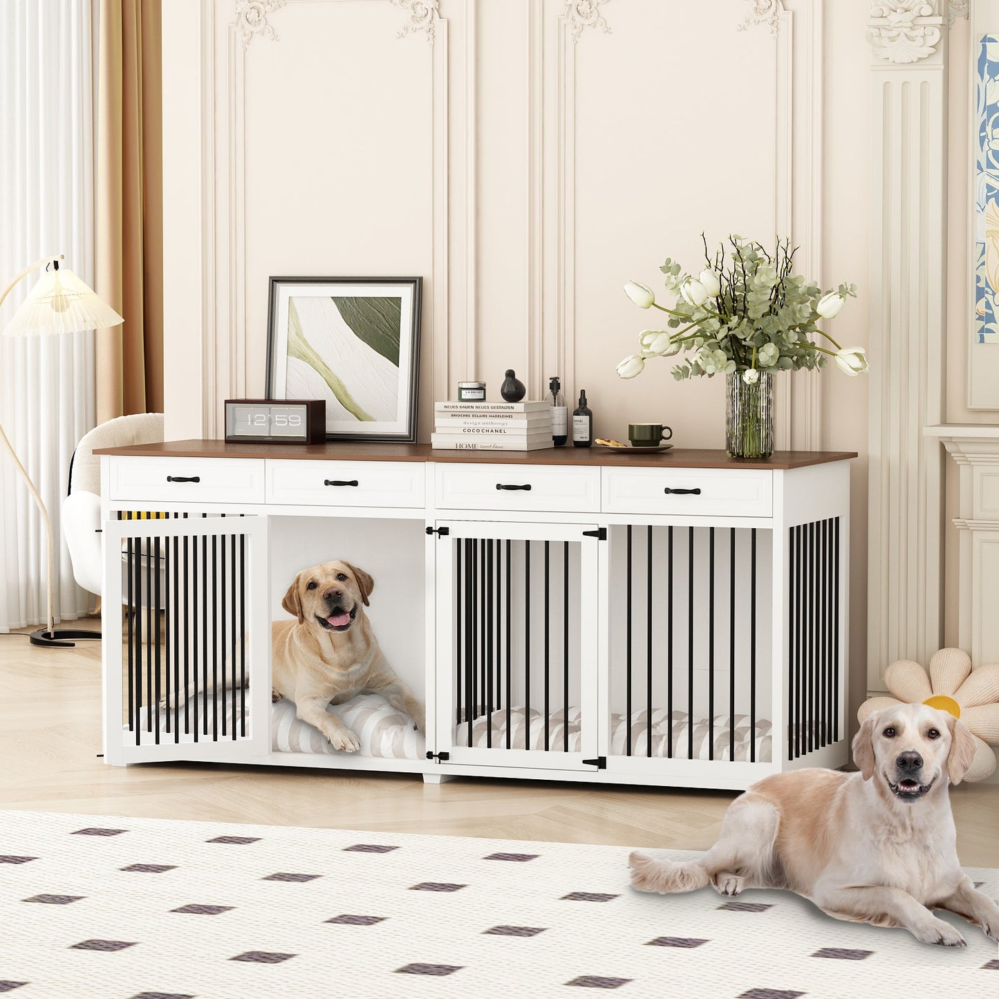 Grand meuble pour cage de chien avec 4 tiroirs et séparateurs