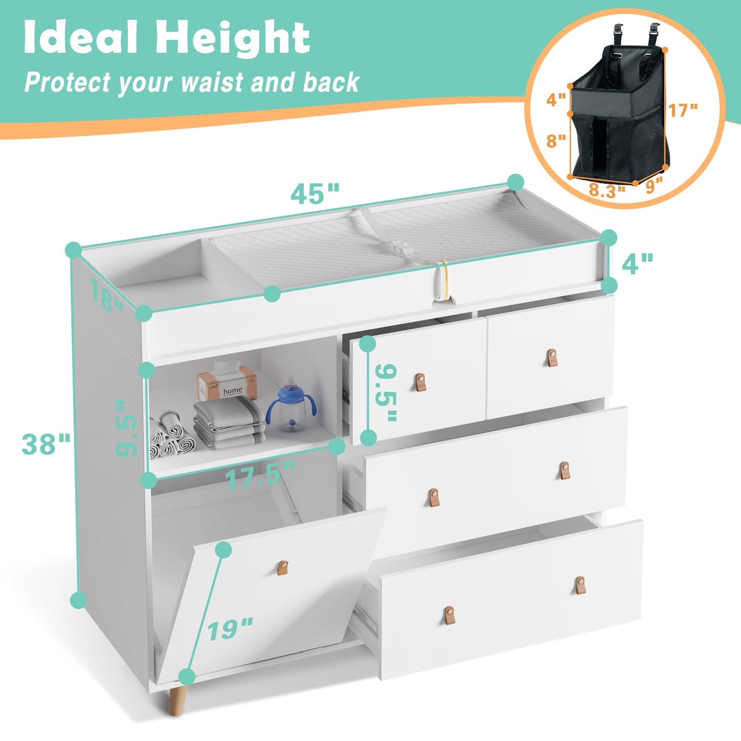 Table à langer pour bébé, commode, table de chambre d'enfant, commode à 5 tiroirs avec rangement ouvert