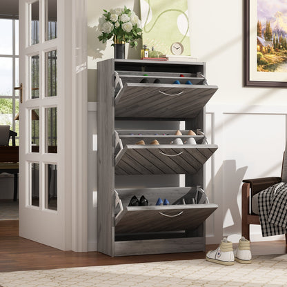 Meuble à chaussures vieilli avec 3 tiroirs rabattables pour entrée et couloir 