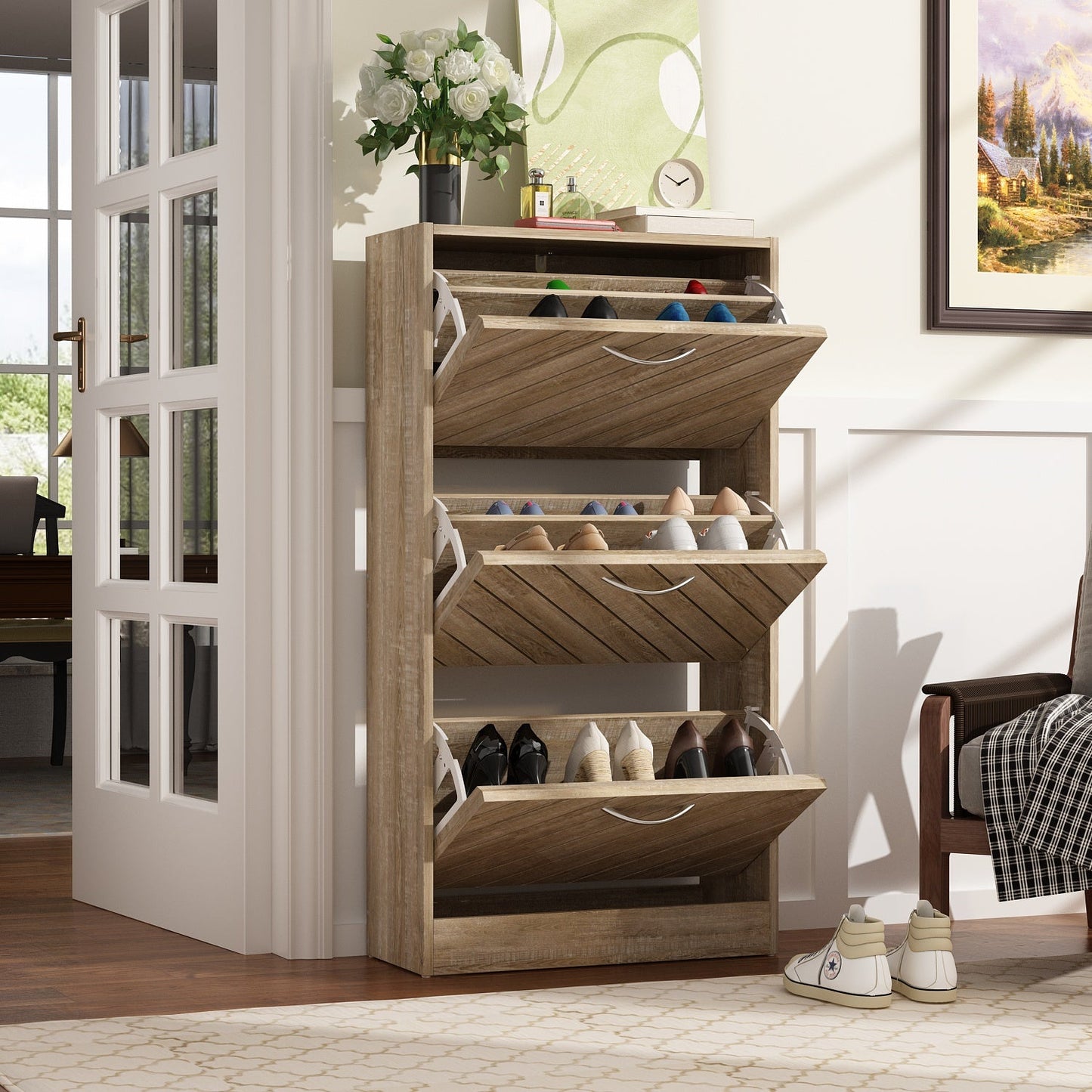 Meuble à chaussures vieilli avec 3 tiroirs rabattables pour entrée et couloir 