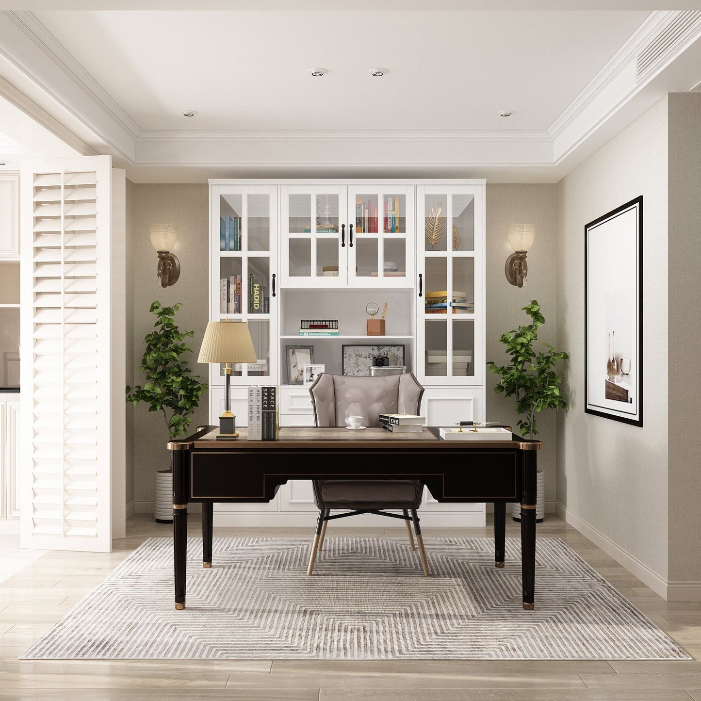 Vitrine d'angle avec étagère de rangement et bibliothèque, combinant 4 portes vitrées et 2 tiroirs